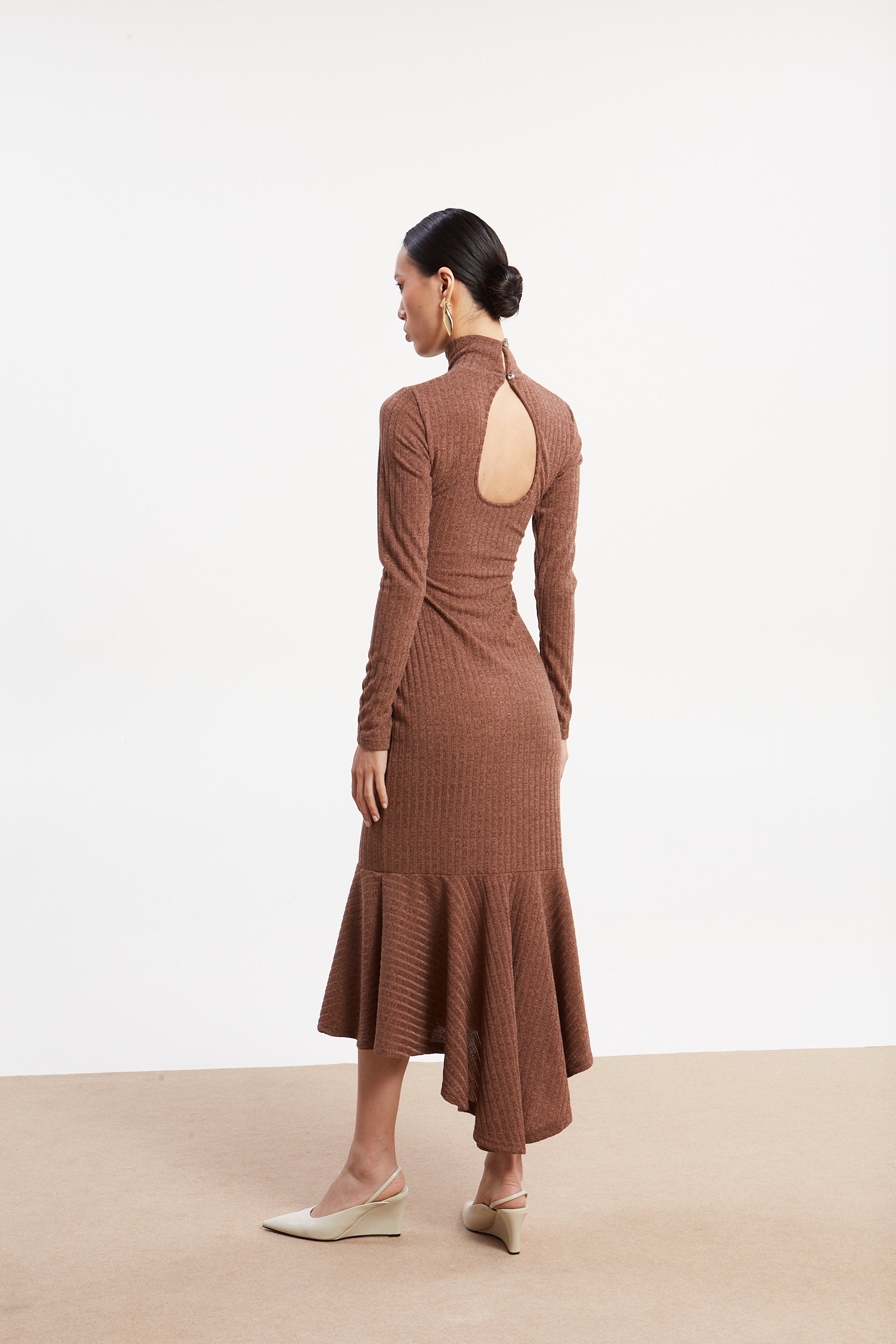 Matilda rib knit turtleneck camel dress