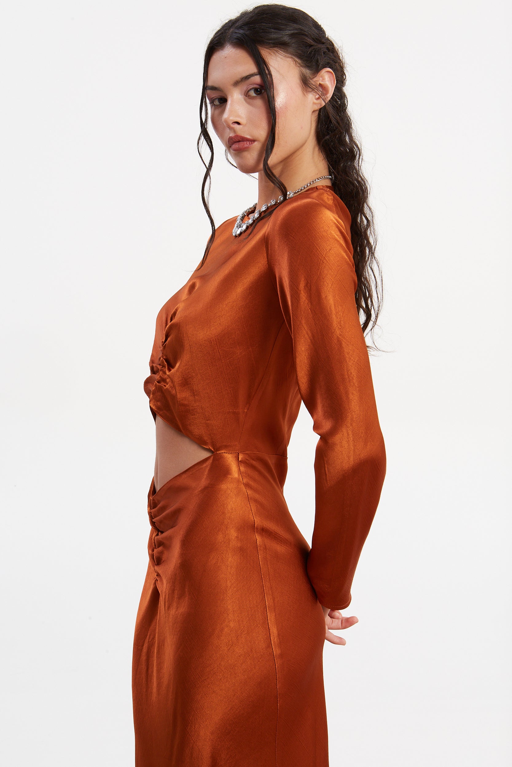 Diana satin cut out rust dress