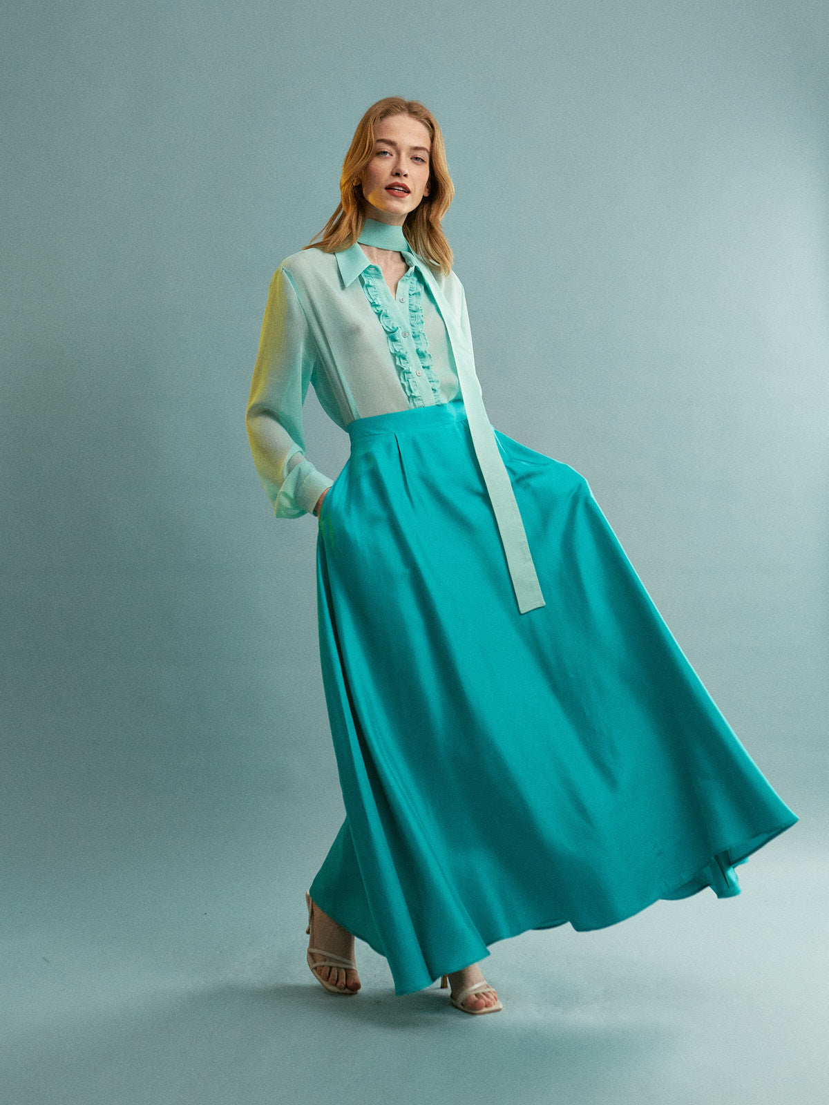 Amaya ruffle aqua shirt