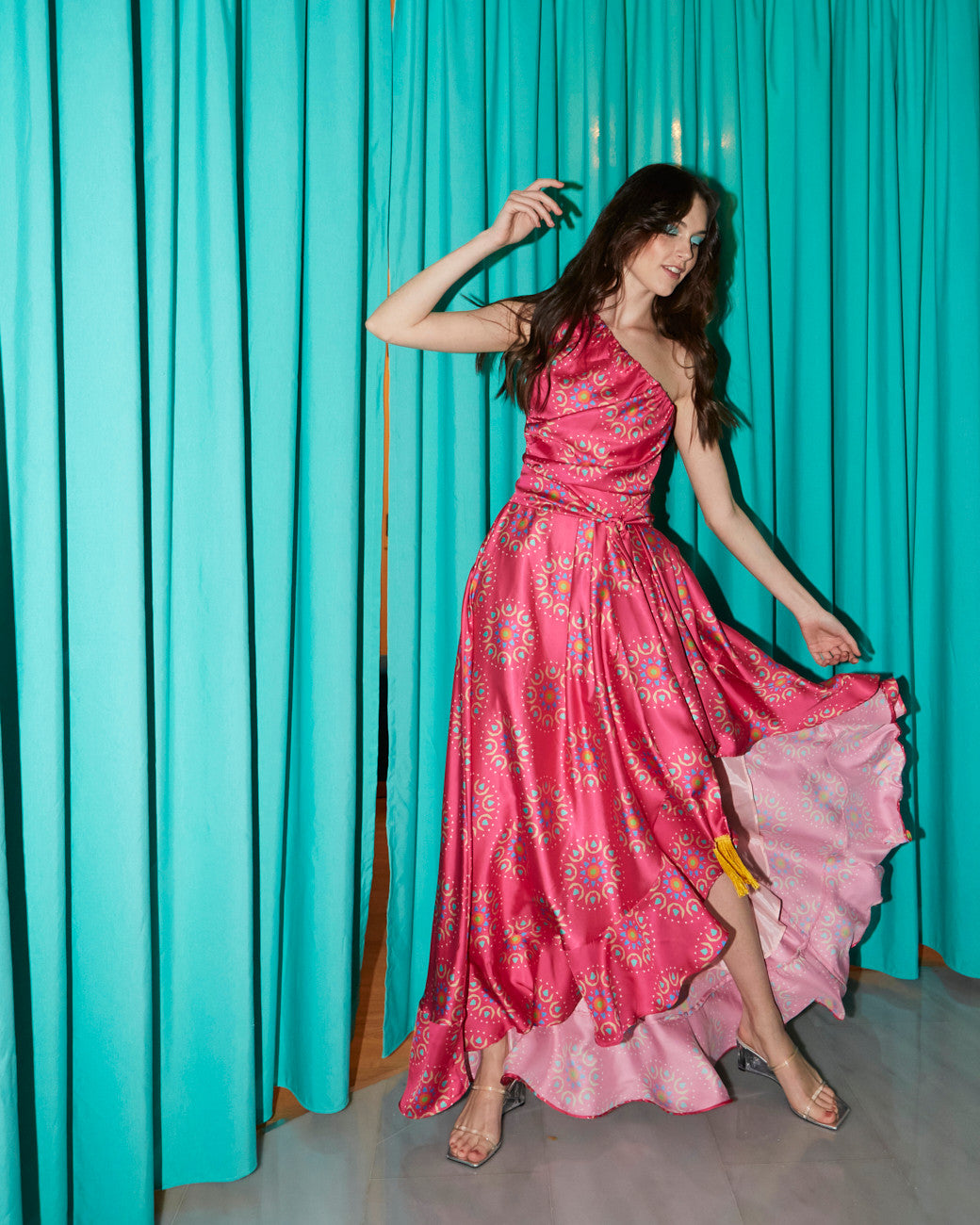 Vivian one shoulder satin printed dress