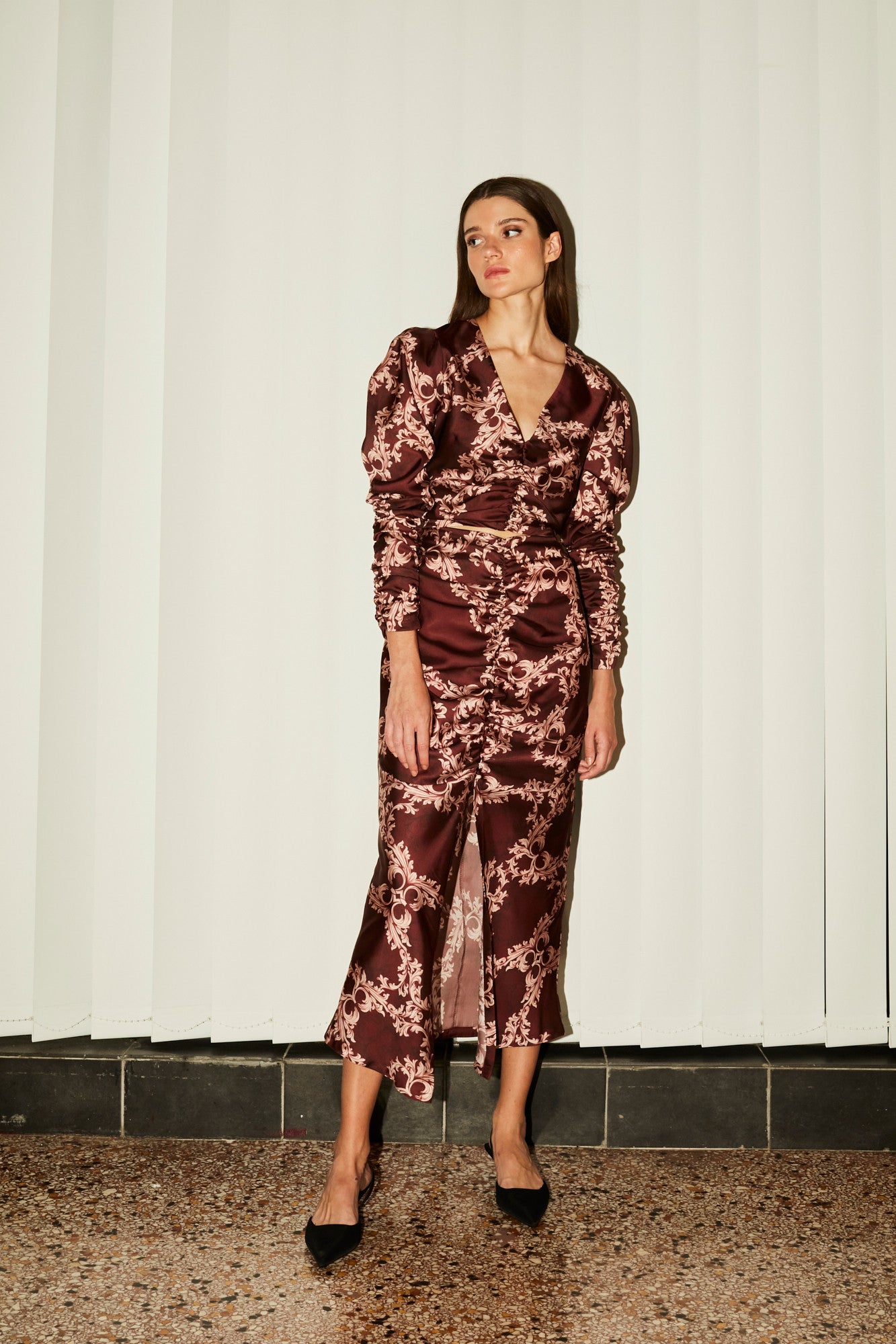 Valentina draped burgundy skirt