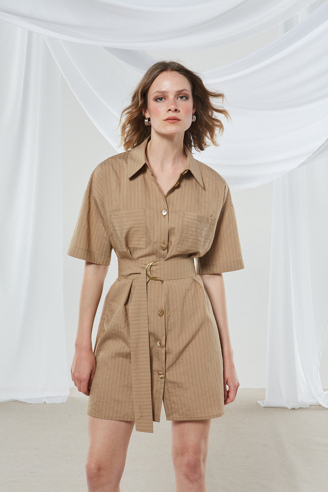 Renata stripe mini camel shirtdress