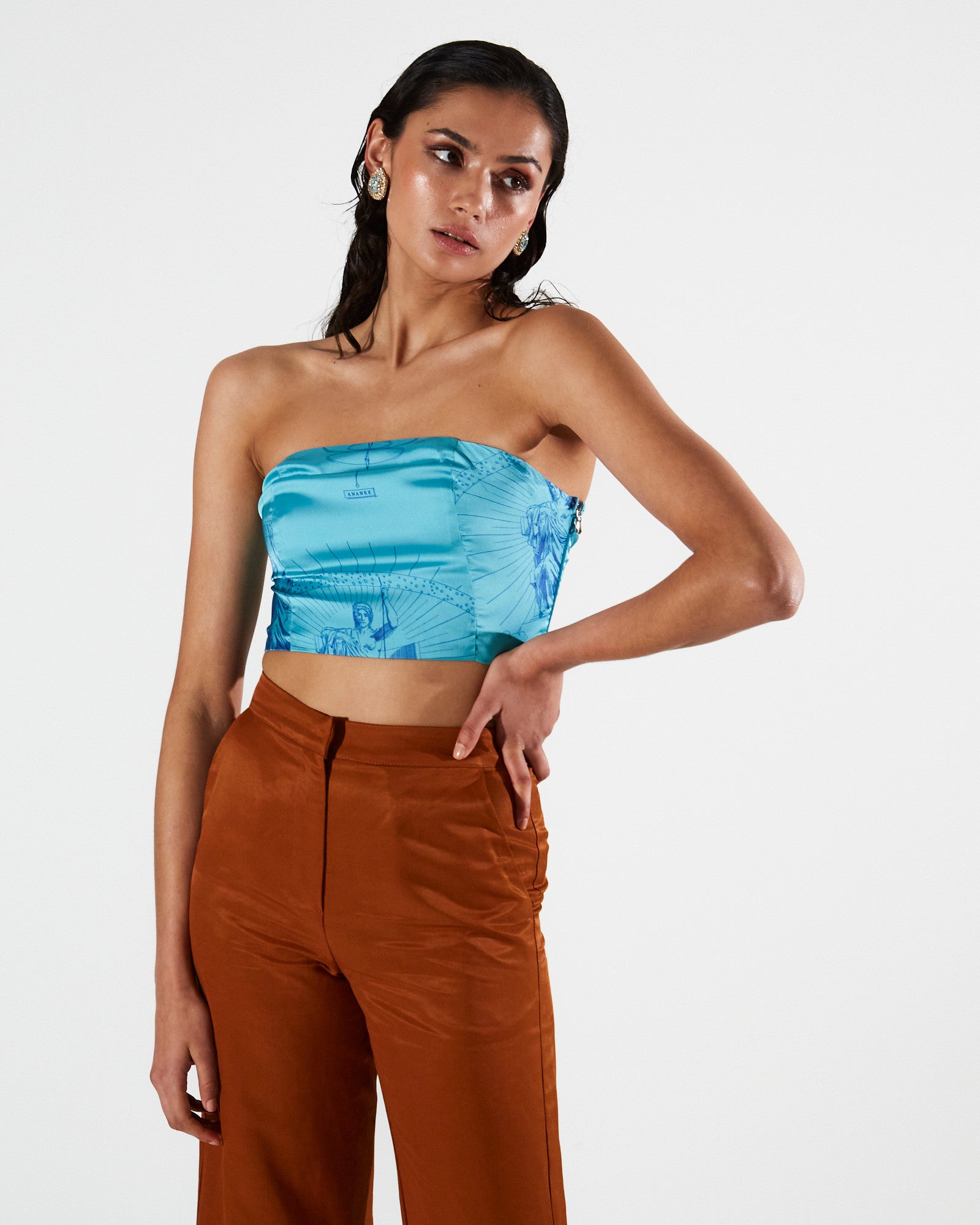 Ananke printed strapless turquoise top