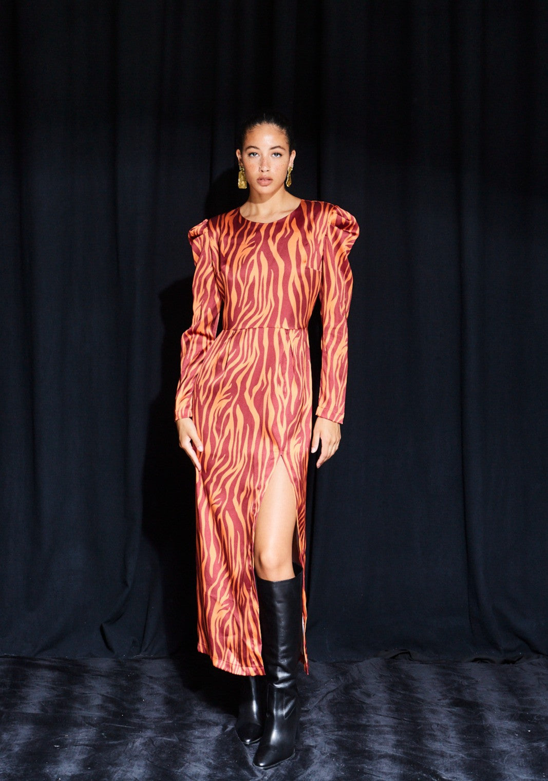 Brianne puff sleeve zebra satin dress