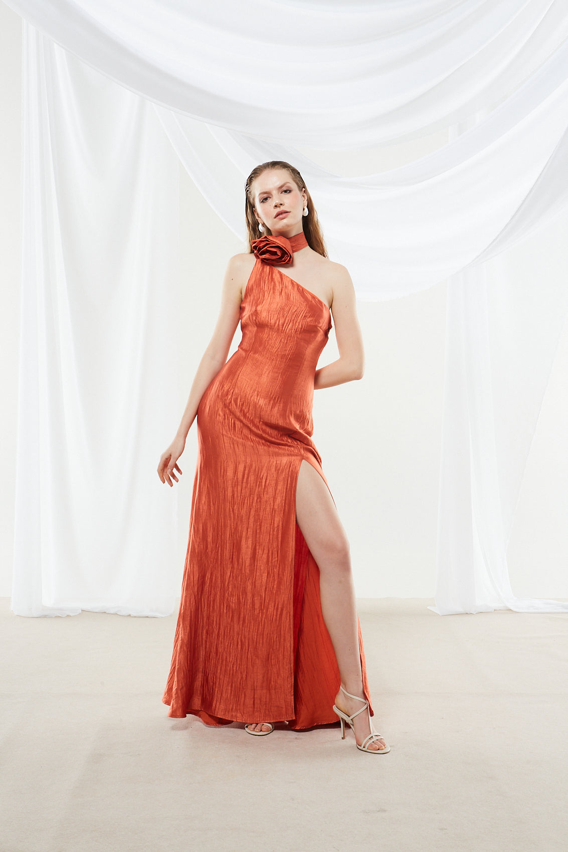 Zinnia one shoulder rust orange dress