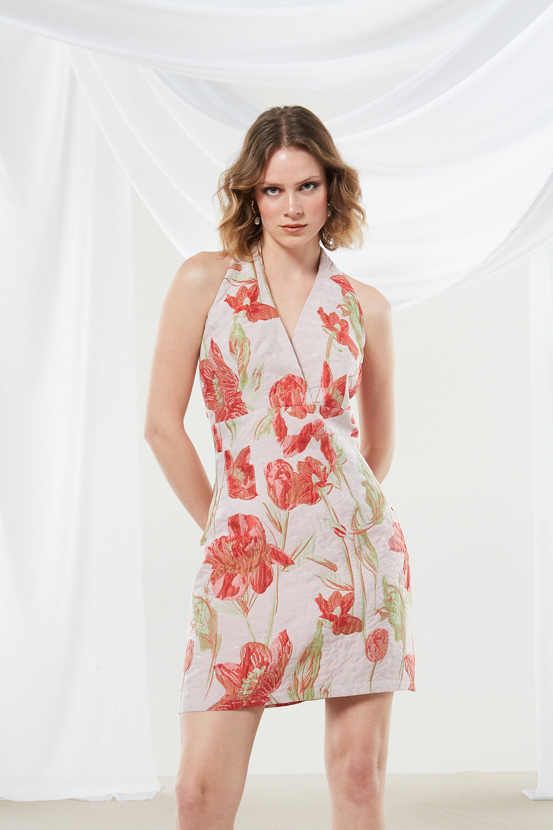 Rose brocade mini dress